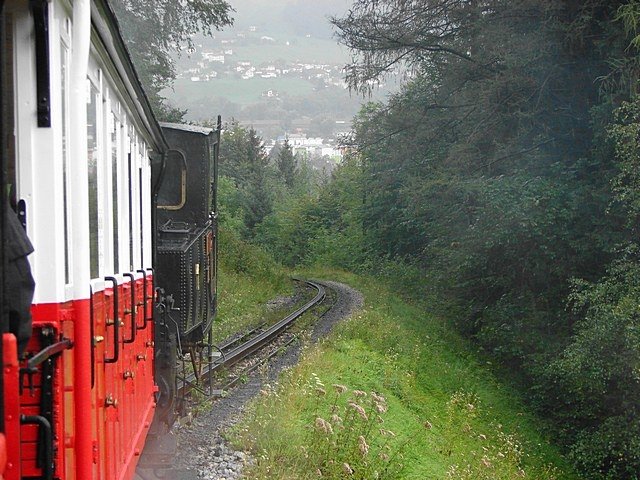 Achenseebahn nbr. 1 descending the hill to Jenbach